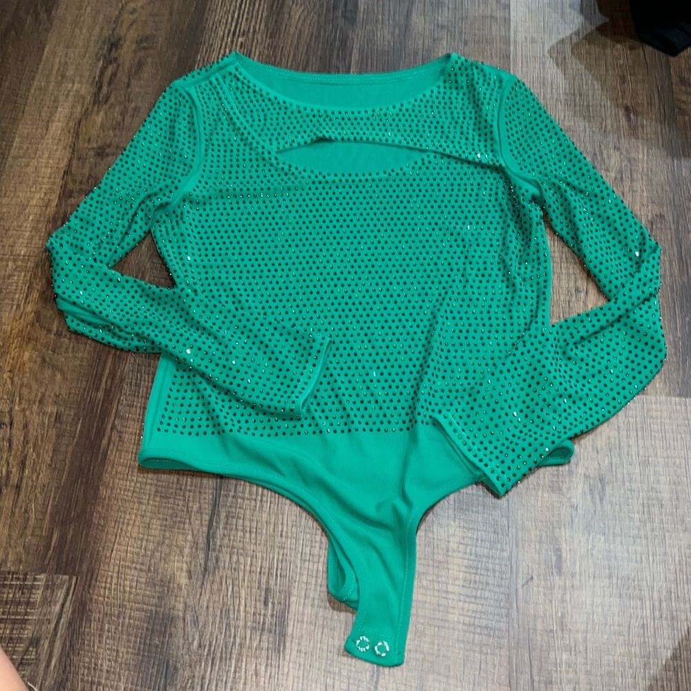 Green Long-Sleeve Rhinestone Bodysuit